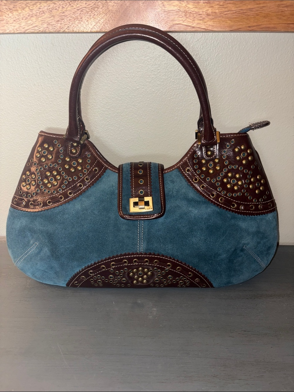 Rafe Teal Suede and Brown Studded Leather Shoulder Bag